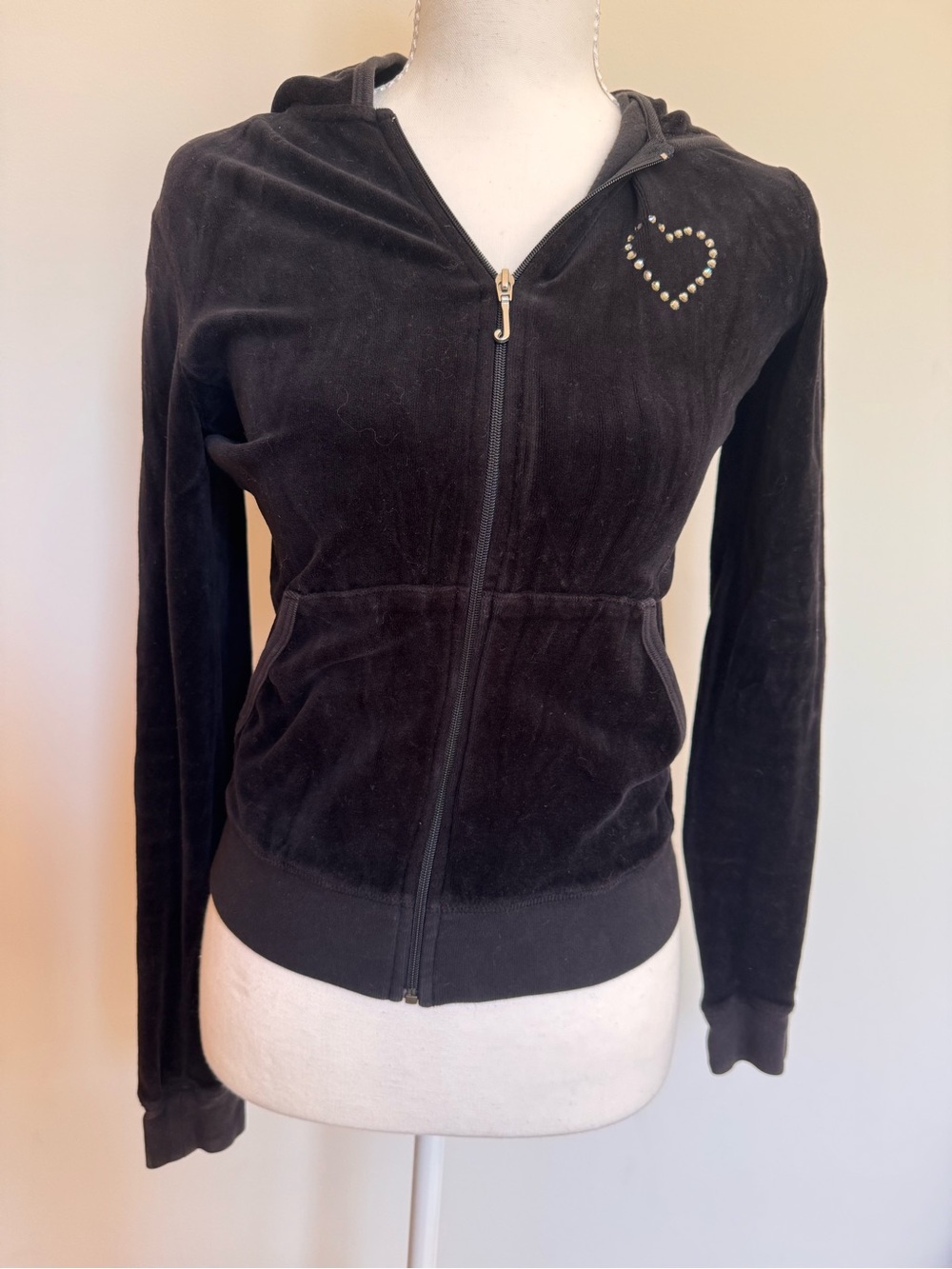 Juicy Couture Black Velour Zip Hoodie with Stud Heart